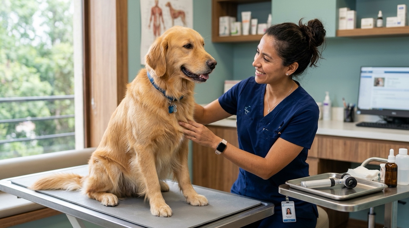 Consulta especializada de dermatología veterinaria examinando la piel de un perro